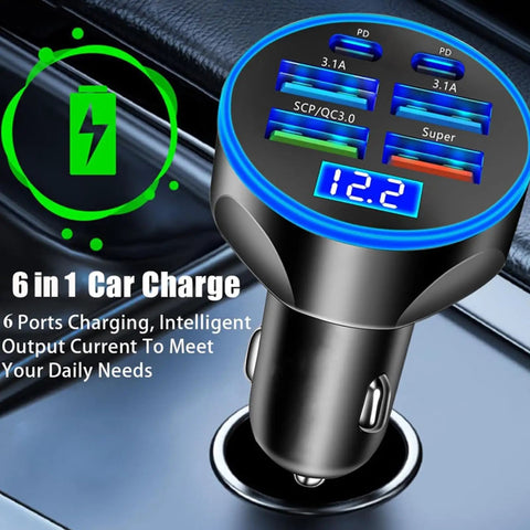 High Power USB C Car Charger 6 In 1 With Voltage Display 250W Multi Port Cigarette Lighter Adapter Ultra Fast Charge
