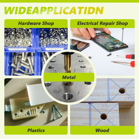 Wide application of Sturdy Vertical Tapping Machine With 9.84 Inch Arm showing metal, wood, and plastic projects.