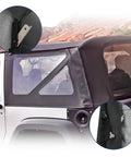 Close-up view of soft top replacement for Wrangler JK 2 Door 2010 to 2017 with dope tinted rear and side windows installed.