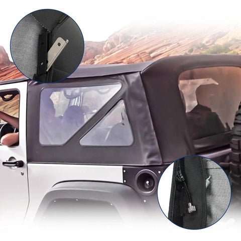 Close-up view of soft top replacement for Wrangler JK 2 Door 2010 to 2017 with dope tinted rear and side windows installed.