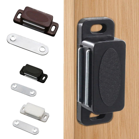 Magnetic Kitchen Cupboard Wardrobe And Closet Door Latch with Strong Hold Power made from ABS and Iron on wood surface