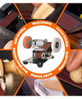 Heavy Duty 15 Degree Mini Bench Belt Sander With 7 Variable Speed Settings And Reversible Pure Copper Motor demonstrating wood grinding, knife grinding, and polishing.