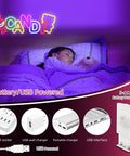Child sleeping under neon 'CANDY' sign, showing battery and USB power options for Happy Birthday Neon Sign For Wall Decor