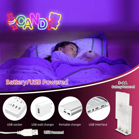 Child sleeping under neon 'CANDY' sign, showing battery and USB power options for Happy Birthday Neon Sign For Wall Decor