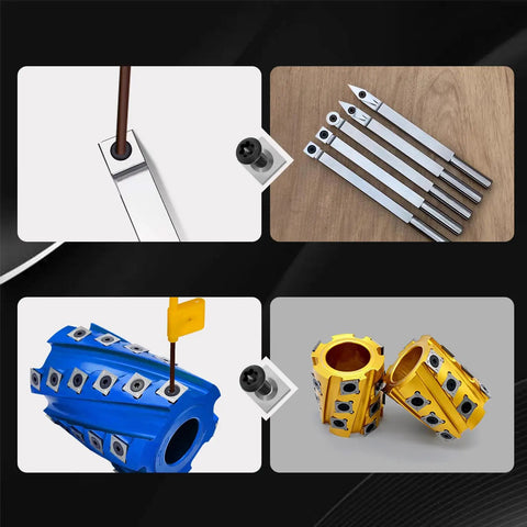 12x12x1.5mm Tungsten Carbide Inserts Set with 35 Degree Bevels showing installation and use on lathe and planer tools
