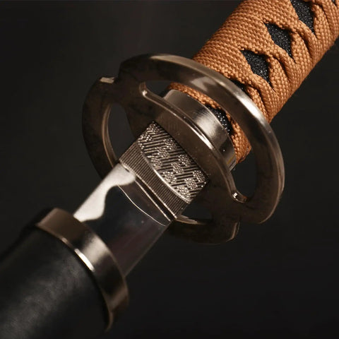 Close-up of the brown handle part of a 40 Inch Metal Cosplay Katana With Reverse Blade From Rurouni Kenshin Himura Anime Sword