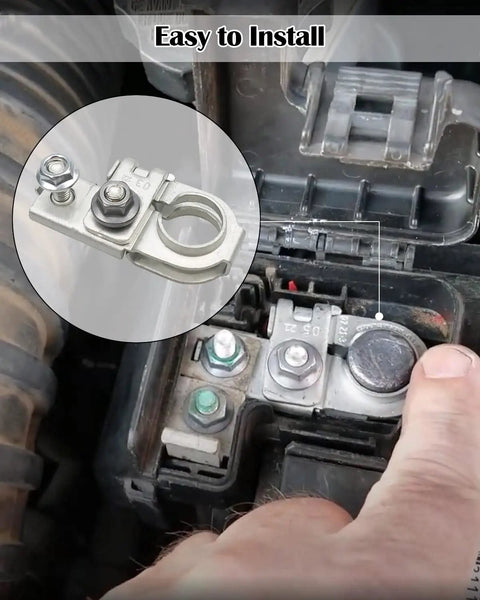 Bulletproof Heavy Duty Positive Battery Terminal Replacement Hook Featuring Solid M6 Nut Connection Easy Swap showing installation in engine bay.