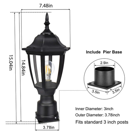 Dope Outdoor Post Light LED Lantern With Pier Mount Base Waterproof IP44 Exterior Lamp Fixture dimensions and base details