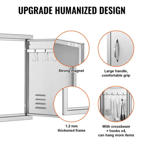 Features of Stainless Steel Outdoor Kitchen Access Door 17W X 24H Inches Flush Mount Wall Panel with handle, vents, and hooks.