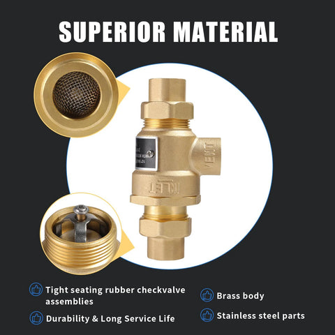 Front view of a 1/2-inch brass backflow preventer with dual check valves and an intermediate atmospheric vent.