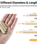 Close-up of hand holding wood dowel pins showing 1/4, 5/16, 3/8 inch dimensions, part of Wood Dowel Pins Kit, 90 Pieces, Imperial Diameters 1/4 Inch, 5/16 Inch, 3/8 Inch Wood Dowels For DIY Furniture Repair And Woodworking Projects, Pro Grade Hardwood Dowels For Strong Joints And Quick Fixes.