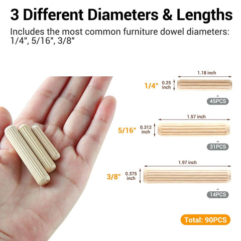 Close-up of hand holding wood dowel pins showing 1/4, 5/16, 3/8 inch dimensions, part of Wood Dowel Pins Kit, 90 Pieces, Imperial Diameters 1/4 Inch, 5/16 Inch, 3/8 Inch Wood Dowels For DIY Furniture Repair And Woodworking Projects, Pro Grade Hardwood Dowels For Strong Joints And Quick Fixes.