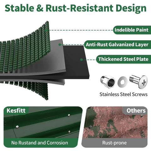 Sturdy Galvanized Steel Raised Garden Bed With 12 Inch Depth Oval Open Bottom Design Yard Ready No Fuss For Outdoor Veggies And Herbs 4X2 Foot Frame Easy Ground Level Gardening Forest Green showing rust-resistant layers and fixtures