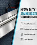 Rock Solid Weldable Stainless Steel Continuous Hinge 72 Inch Length heavy duty hinge with smooth pivot movement on metal surface.
