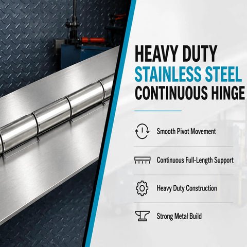 Rock Solid Weldable Stainless Steel Continuous Hinge 72 Inch Length heavy duty hinge with smooth pivot movement on metal surface.