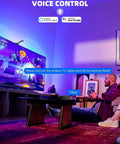 Living room with RGBIC LED TV Backlight Strip For 55 To 65 Inch TVs, showing voice control and immersive ambient lighting.