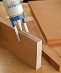 Woodworking Glue Applicator Kit With 8oz Bottle Easy Squeeze Spout And Red Cap Centering Guide applying glue to wood edge