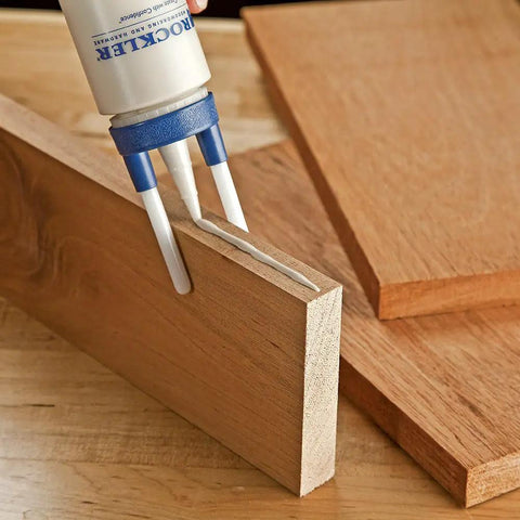 Woodworking Glue Applicator Kit With 8oz Bottle Easy Squeeze Spout And Red Cap Centering Guide applying glue to wood edge