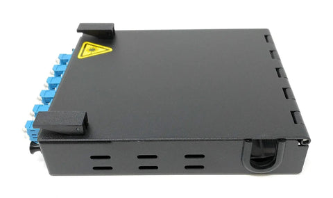 Side view of Wall Mount Fiber Enclosure With Spool And Loaded 6 Port LC-UPC Singlemode Duplex LGX Panel for fiber management