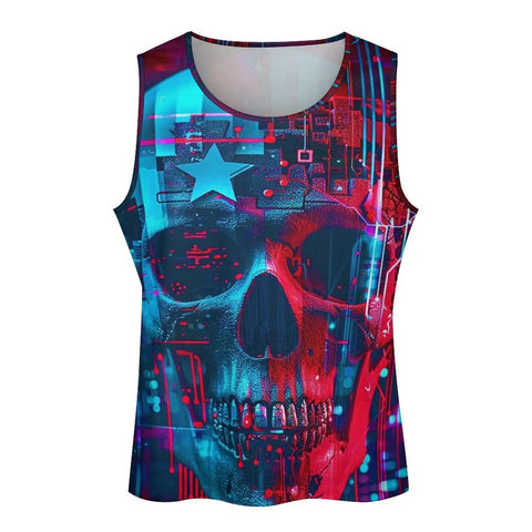 Mens Dope American Flag Skull Print Graphic Tank Top Quick Dry Sleeveless Muscle Shirt front view with bold skull design