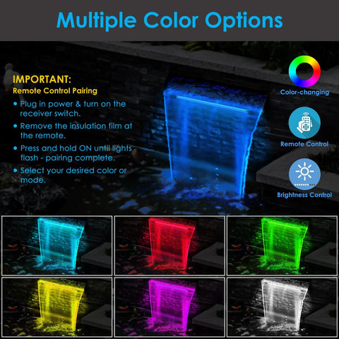 All In One Pond Waterfall Kit With LED Lights 8 Inch Stainless Steel Spillway 660 GPH Pump with color-changing options