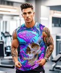 Men 3D Cyber Mechanical Skull Graphic Tank Top Moisture Wicking Quick Dry Sleeveless Workout Shirt worn by a muscular man in gym.