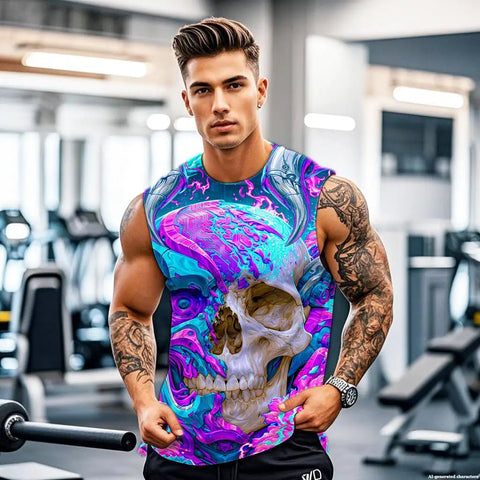 Men 3D Cyber Mechanical Skull Graphic Tank Top Moisture Wicking Quick Dry Sleeveless Workout Shirt worn by a muscular man in gym.