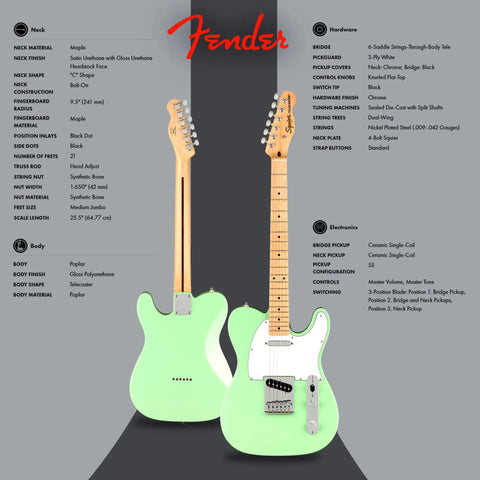 Affinity Telecaster Surf Green Dope Gear Bundle with Frontman 10G Amp showing front and back views of the surf green guitar