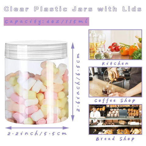 20 Pack 4oz Clear Plastic Jars With Lids Wide Mouth Refillable Storage Containers shown with candy view