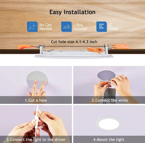 4 Inch LED Recessed Lighting Kit Canless Pot Wafer Lights Dimmable With 3000K 4000K 5000K Selectable Color Temperature 9W 120V IC Wet Rated ETL Six Pack