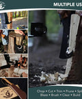 All In One Survival Machete And Brush Axe With Sheath showing chopping and wood splitting in outdoor settings.