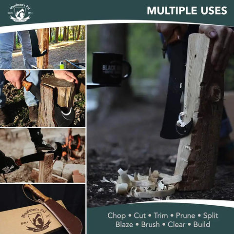 All In One Survival Machete And Brush Axe With Sheath showing chopping and wood splitting in outdoor settings.