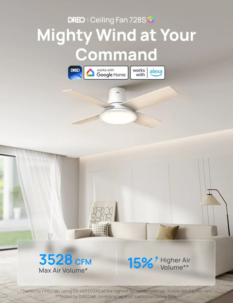 44 Inch Flush Mount Ceiling Fan With Bright Lights, Smart App And Remote Control, Slick Rgbic Mood Lighting, Solid Performance For Ultimate Chill Vibe And Total Room Refresh in modern living room setting.