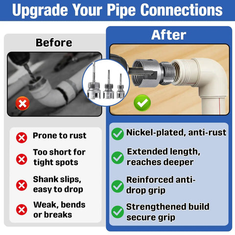 Essential 3 Pcs PVC Pipe Threader Tool Set For Quick Plumbing Repairs Upgraded Mixed Design shows before and after pipe connection comparison.
