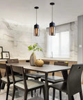Industrial Farmhouse Pendant Light With Black Finish And Amber Cylinder Shade For Kitchen Island, Dining Room, Hallway