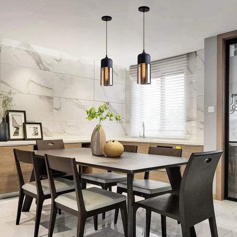Industrial Farmhouse Pendant Light With Black Finish And Amber Cylinder Shade For Kitchen Island, Dining Room, Hallway