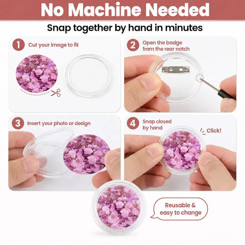 Kickstart Your Craft Hustle With This Dope Twelve Pack Clear Button Maker Kit Featuring 1.77 Inch Acrylic Photo Badges And Strong Pins For Total Vibe Custom Name Tags And Zero Hassle DIY Stuff You Actually Love Making Daily, showing step-by-step assembly.