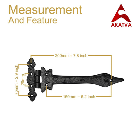 Diagram showing measurements of Two Piece Gate Hinge Set For Wooden Fences Heavy Duty Black Matte Finish Cast Iron Outdoor Barn Hinges.
