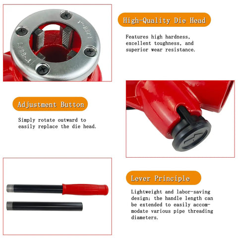 Heavy Duty Pipe Threader Ratchet Kit With BSPT Dies In Half Inch, Three Quarter Inch And One Inch Sizes, showing die head and handles
