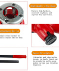 Pro Grade BSPT Pipe Threader Ratchet Kit showing die head, adjustment button, and handles for quick threading in heavy-duty steel