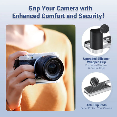 Hand Grip For Fujifilm X M5 Camera With L Shape Bracket Built In Arca Quick Release Plate And Battery Access in use