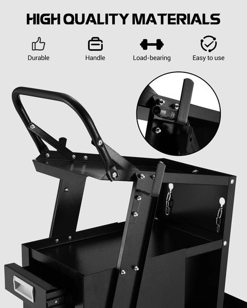 Heavy Duty Welding Cart Built To Haul Four Drawers On Wheels for Mig Welder Up To 220 Lbs, focus on handle and steel frame structure.
