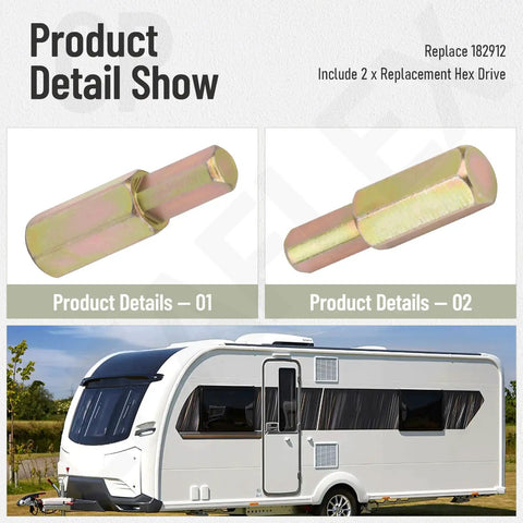 Two Piece Replacement Hex Drive Slick Upgrade For Happijac Camper Screw Jack Systems, showing golden hex grips for RV leveling.