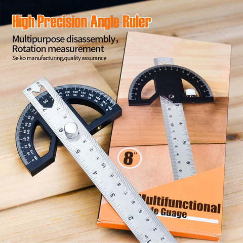 Heavy Duty Eight Inch Stainless Steel Angle Finder With 0 To 180 Degree Adjustable Protractor Ruler And Thumb Lock on a wooden surface.