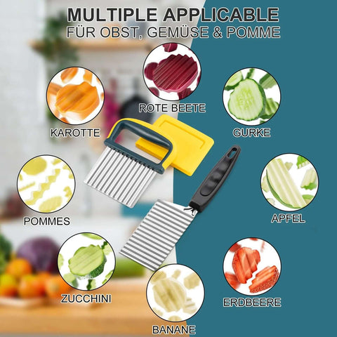 Two-piece stainless steel crinkle cutter set with yellow and black handles for potatoes, carrots, and other vegetables.