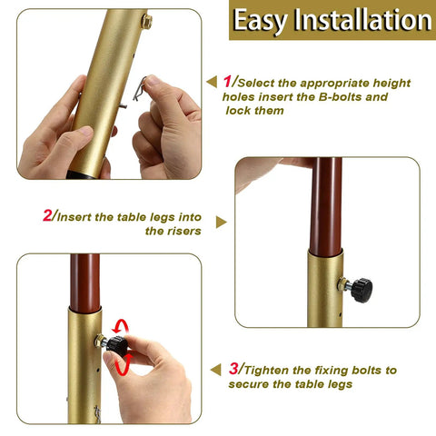 Heavy Duty Table Leg Extenders For Folding Tables No Sweat Adjustable Furniture Risers installation steps with gold finish risers.