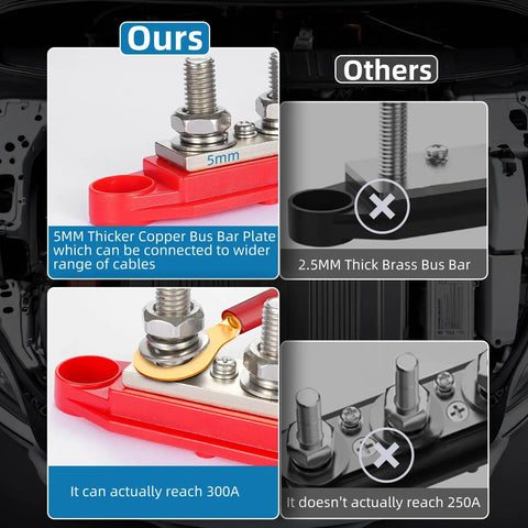 Comparison of Red And Black Four Stud Power Distribution Block Pair For 12 Volt Rv Marine And Solar Setups showing thicker copper design.