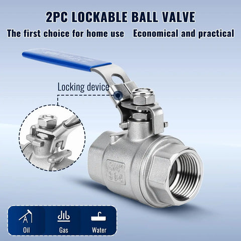 Close-up of Two Pack Three Fourth Inch NPT Female Stainless Steel 304 Full Port Ball Valves Locking Handle Heavy Duty Shut Off