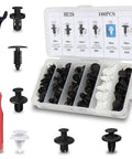 100 Piece Lower Hood Clip And Bumper Clip Replacement Set with nylon push pin fasteners and red removal tool in compartment case.