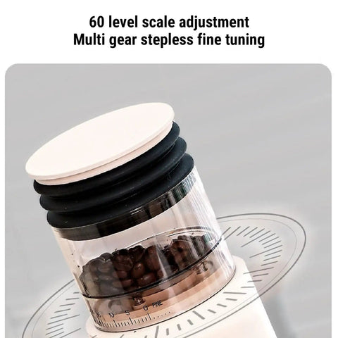 Top Shelf Electric Burr Coffee Grinder With 60 Precision Settings And 80G Single Dose Hopper showing scale and coffee beans.
